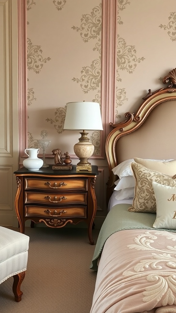 A chic nightstand with a lamp and decorative items in a romantic Rococo bedroom.