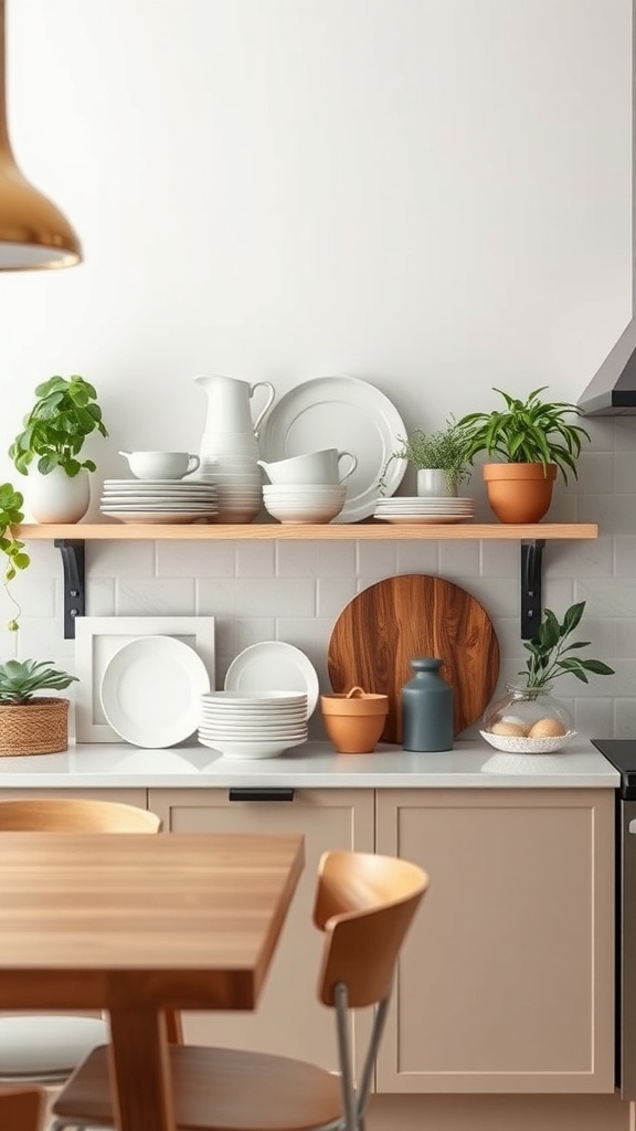 Chic open shelving in a modern kitchen displaying plates, bowls, and plants.