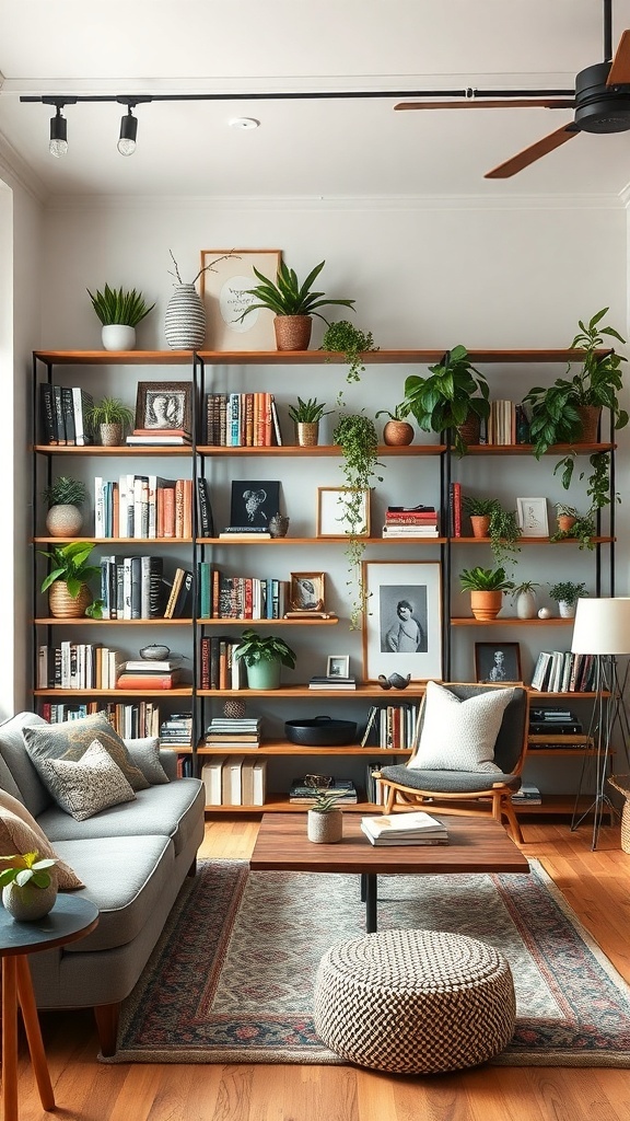 A stylish living room featuring open shelving filled with books, plants, and decorative items.