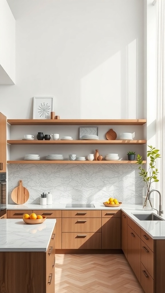 A modern kitchen featuring chic open shelving with wooden shelves displaying dishware and decorative items.