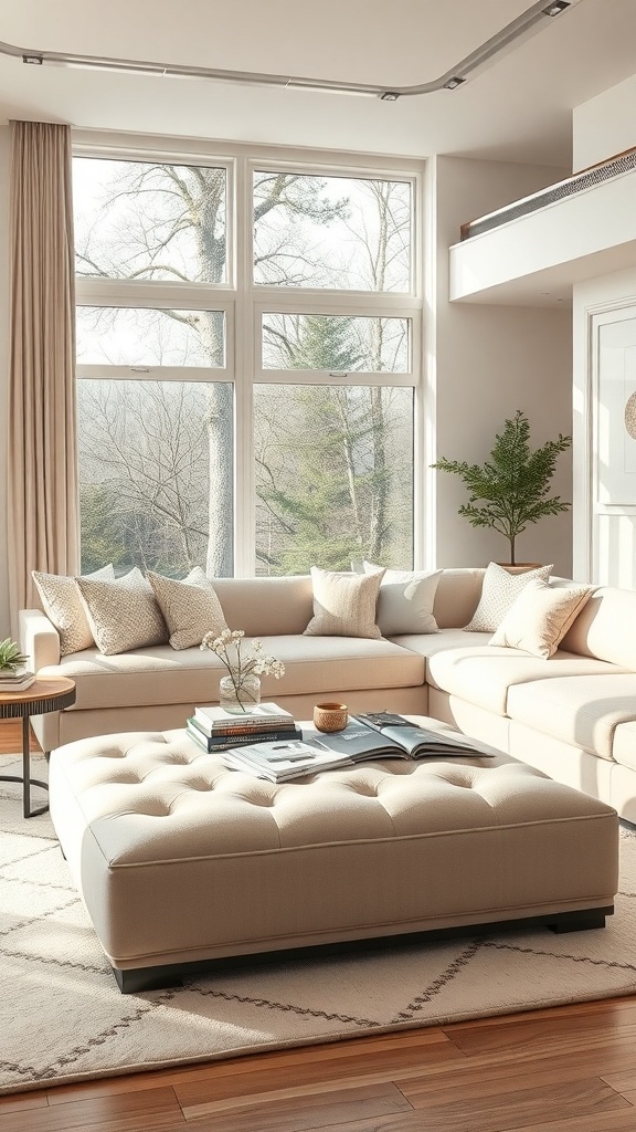 Ein stilvolles Wohnzimmer mit einem beigen Ottomane, einer großen Couch und viel natürlichem Licht.