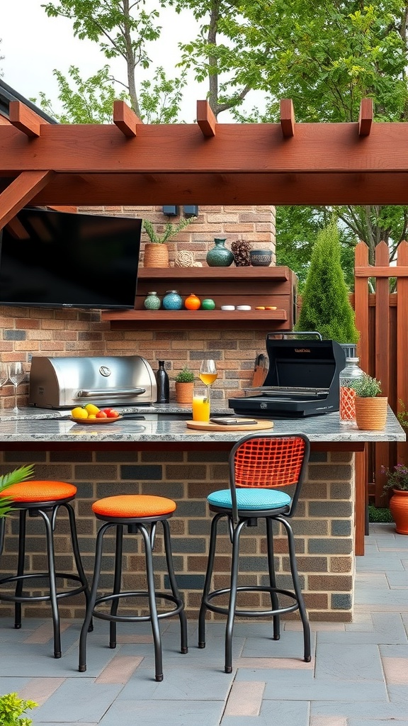 Chic outdoor bar with grill, colorful stools, and a cozy atmosphere