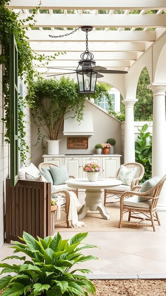 Chic outdoor seating area with neutral tones and greenery.