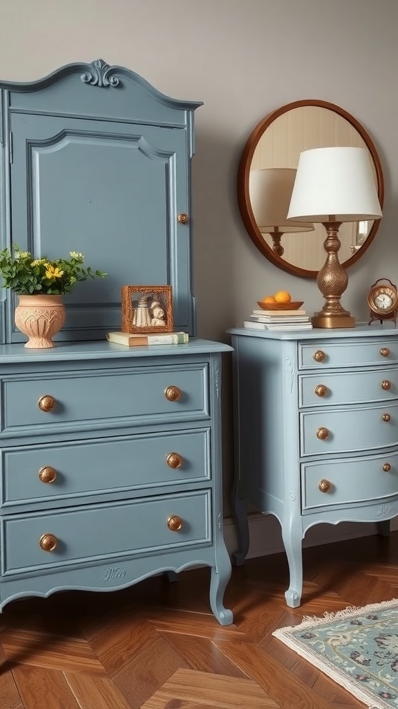 Two painted furniture pieces in soft blue with gold knobs, styled with decorative items.