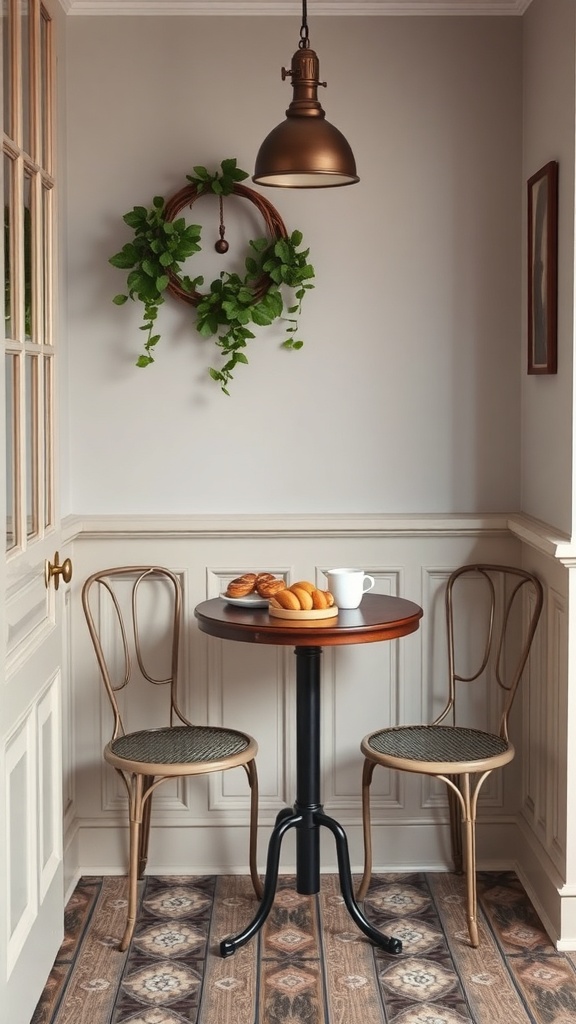 A cozy coffee nook with a round table, two chairs, a cup of coffee, and pastries.