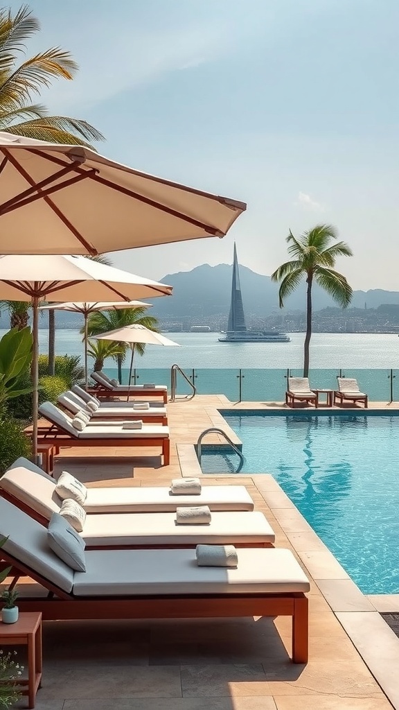 Chic Poolside Lounge mit Liegen und Sonnenschirmen, umgeben von Palmen und Blick auf das Wasser