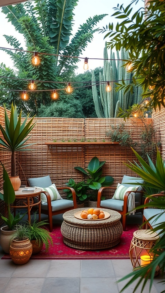 Cozy outdoor patio with privacy screens, plants, and warm lighting.