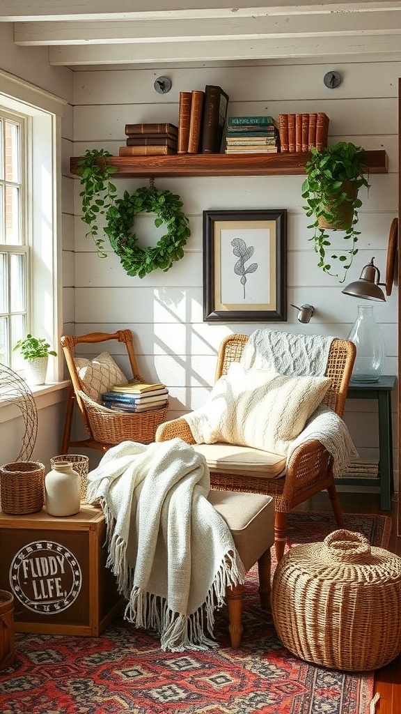 A cozy reading nook featuring a comfortable chair, books on a shelf, hanging plants, and warm decor accents.