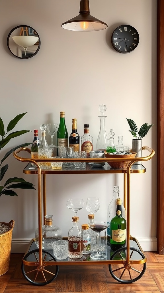 A stylish retro bar cart with various bottles and glassware, complemented by plants and wall decor.