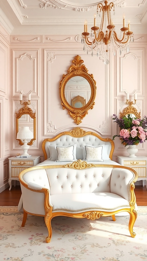 A chic Rococo-inspired bedroom featuring pink walls, gold accents, and elegant furniture.