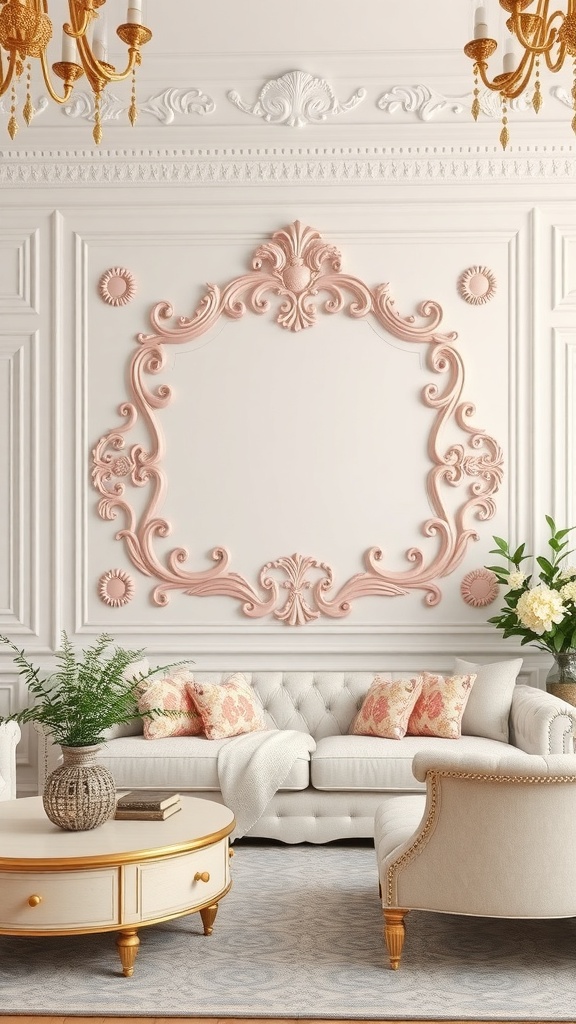 Chic Rococo-inspired wall art in pink plaster on a white wall, featuring a cozy living room setup with a sofa and decorative pillows.