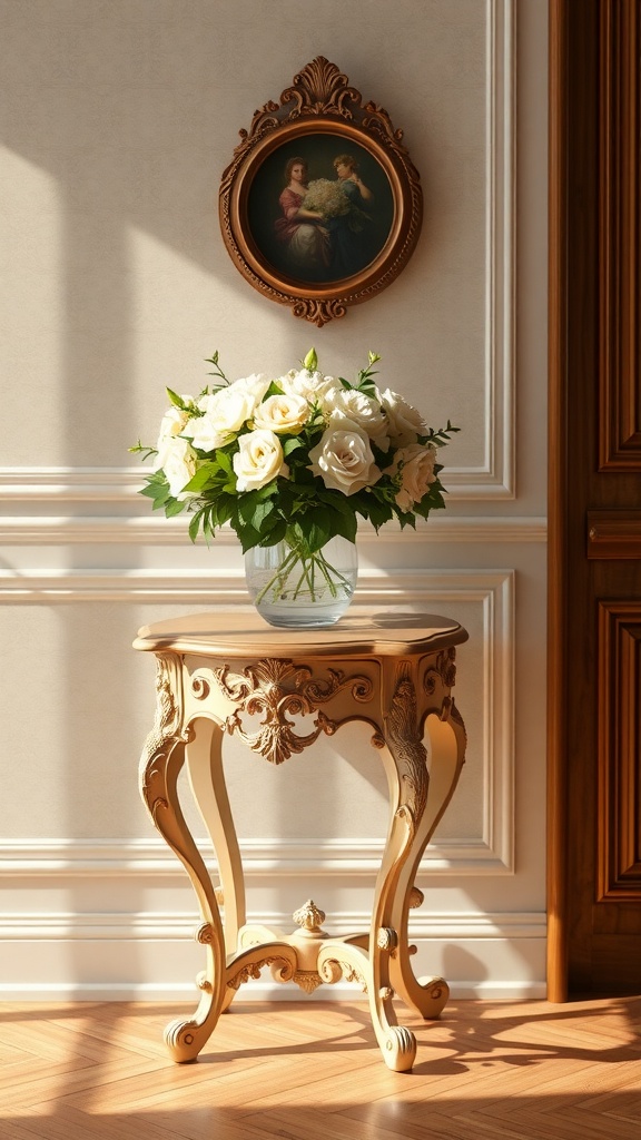 A Rococo accent table with a vase of white roses and a vintage painting on the wall.