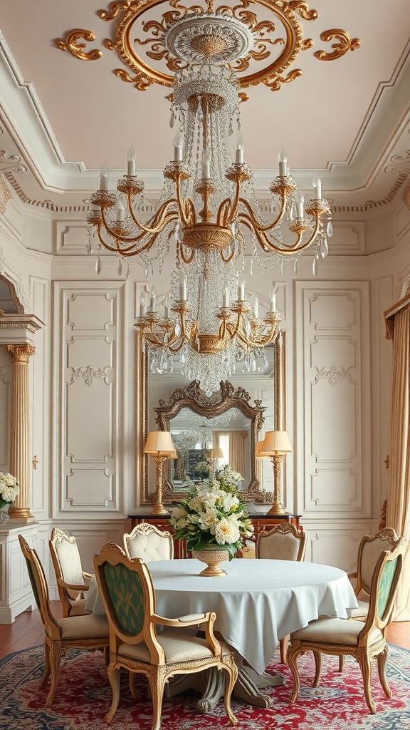 A luxurious Rococo chandelier hanging from a beautifully decorated ceiling.