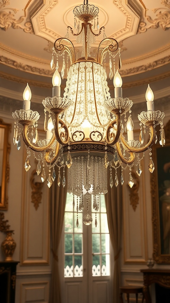 A luxurious Rococo chandelier with intricate details and crystals, hanging in a beautifully decorated room.