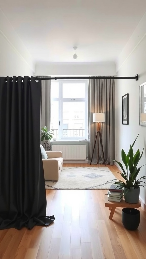 A cozy room with a black curtain divider, a sofa, and plants.