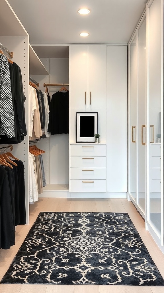 A stylish black and white patterned rug in a minimalist walk-in closet with organized clothing.