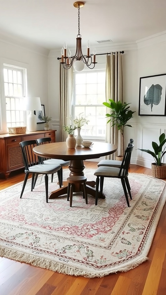 A stylish dining area with a round table and black chairs on a decorative rug.