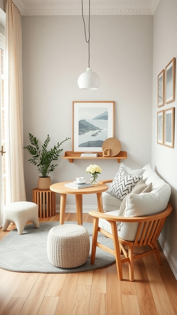 A cozy Scandinavian coffee nook featuring light wood furniture, a round table, and a plush armchair with decorative pillows.