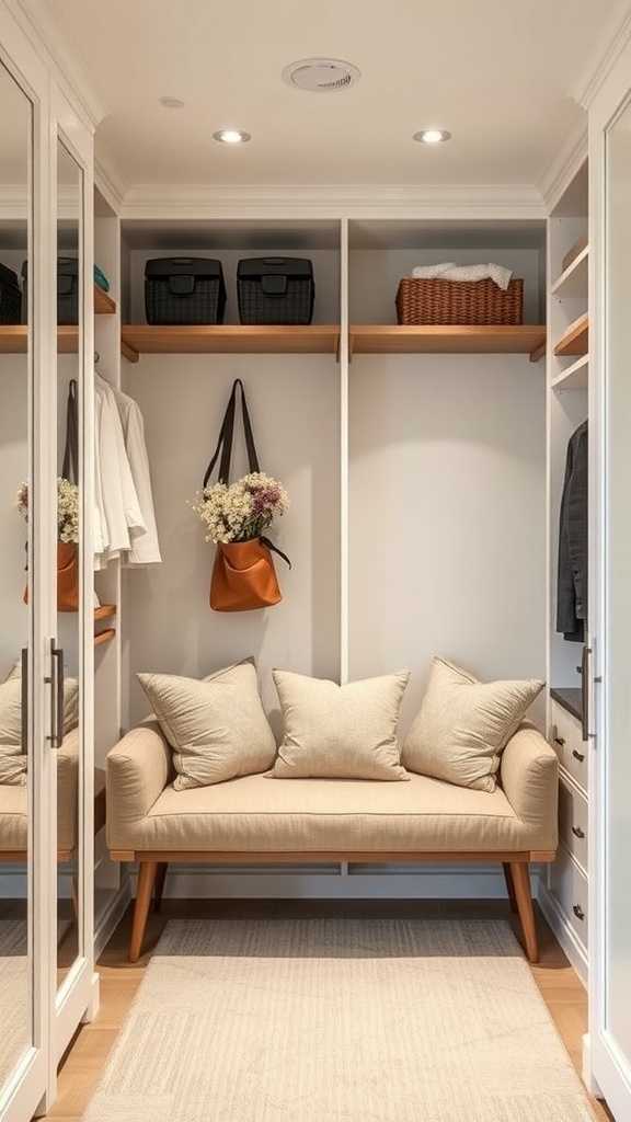 A cozy seating nook in a minimalist walk-in closet featuring a beige couch with pillows, stylish shelving, and organized storage.