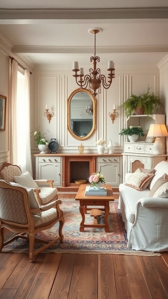 A cozy living room featuring shabby chic furniture with a vintage touch.