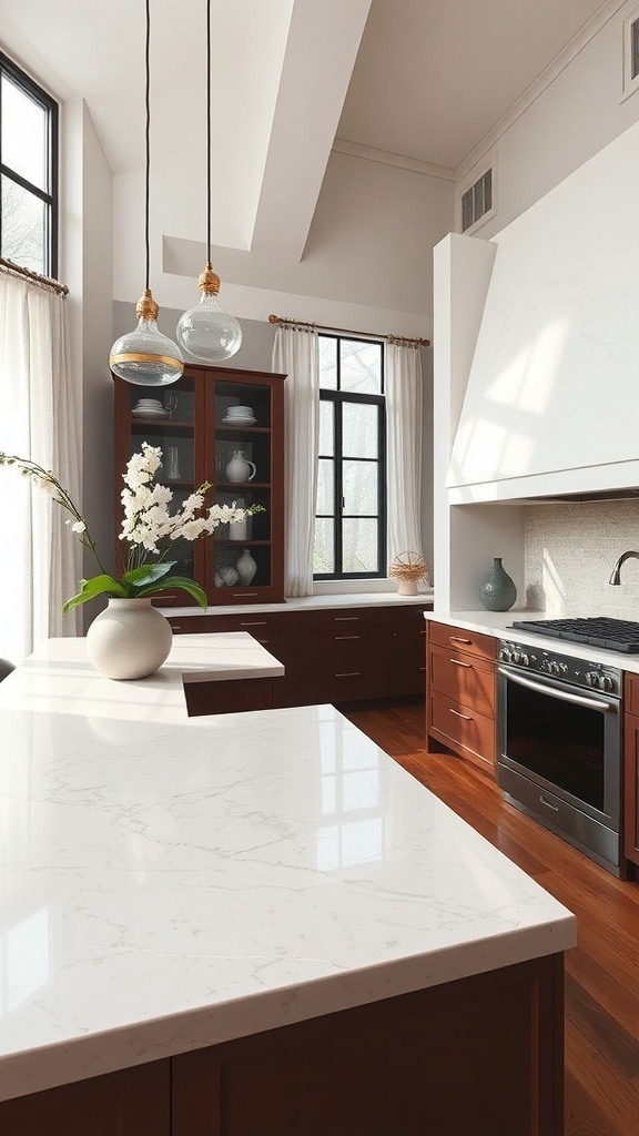 A modern kitchen featuring soapstone countertops, warm wood cabinetry, and large windows.