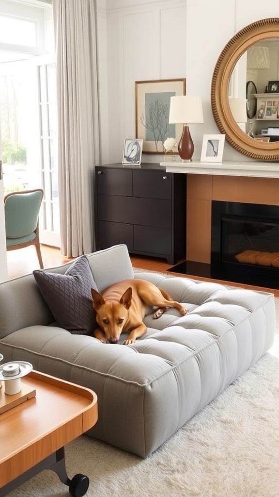 A stylish sofa-style dog bed with a happy dog lounging on it in a cozy living room setting.