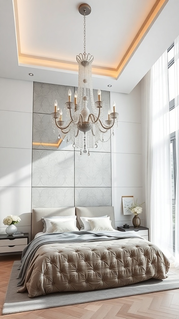 A luxurious bedroom featuring a stunning chandelier, soft beige bedding, and elegant decor.