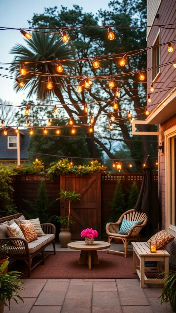 A cozy outdoor patio with string lights hanging above, featuring comfortable seating and plants.