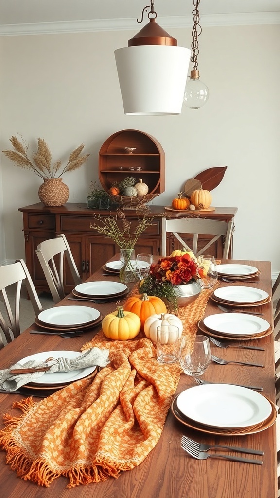 A dining table decorated with a chic orange table runner, pumpkins, and floral arrangements.