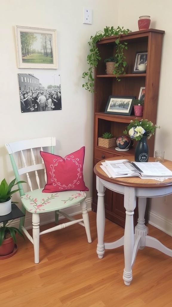 A bright blue upcycled chair next to a wooden table in a cozy room.