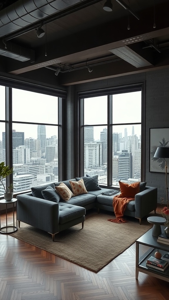 Stylish sunken sofa setup in a modern urban apartment with large windows and city view.