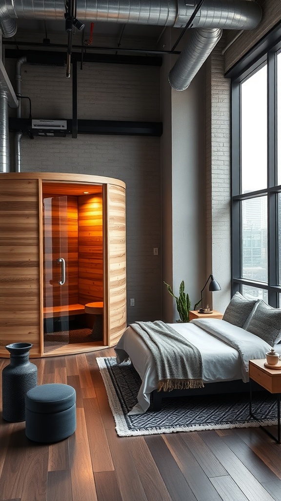 A stylish urban loft featuring a wooden sauna, a cozy bed, and large windows.