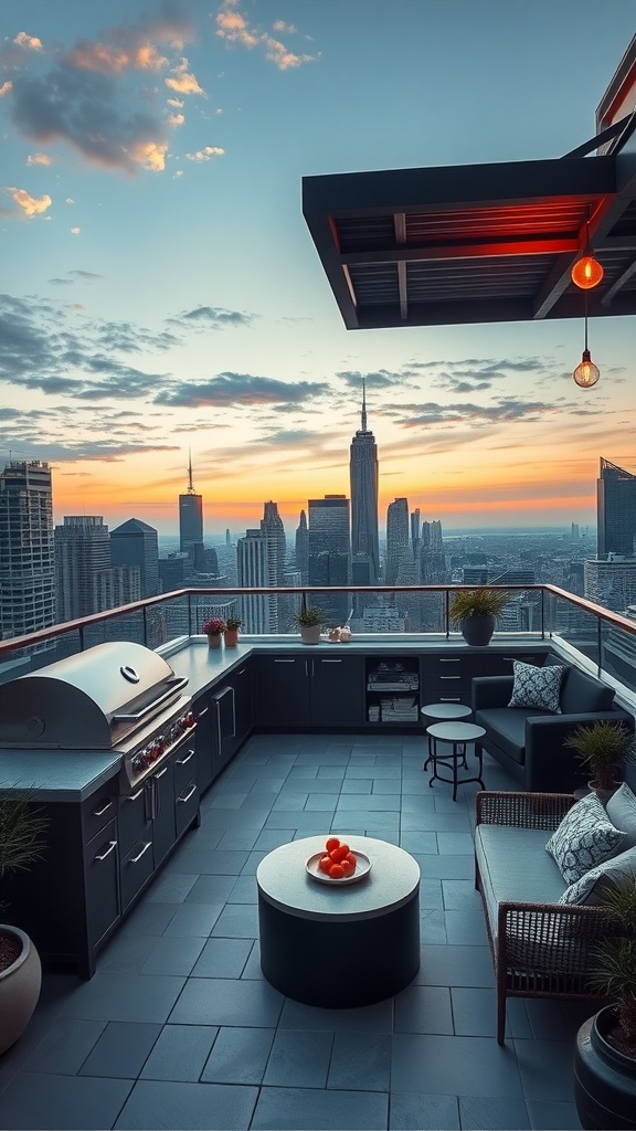 Chic urban rooftop BBQ setup with a grill, seating area, and city skyline view at sunset.