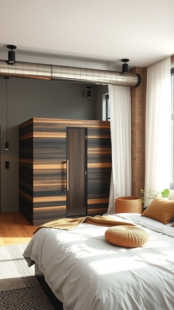 A stylish bedroom featuring a wooden sauna, large windows, and cozy decor.