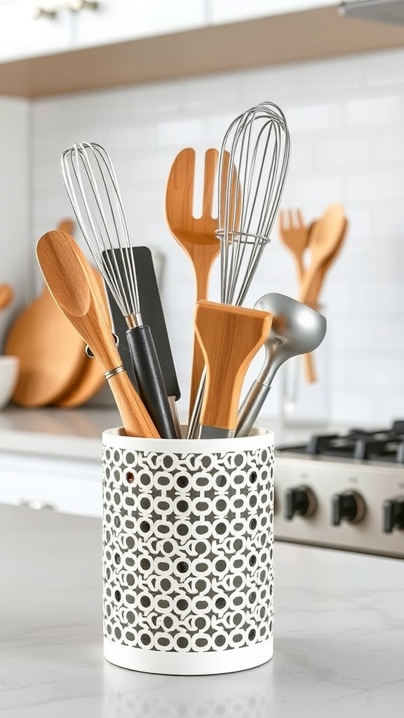 Chic utensil holder with various kitchen tools displayed