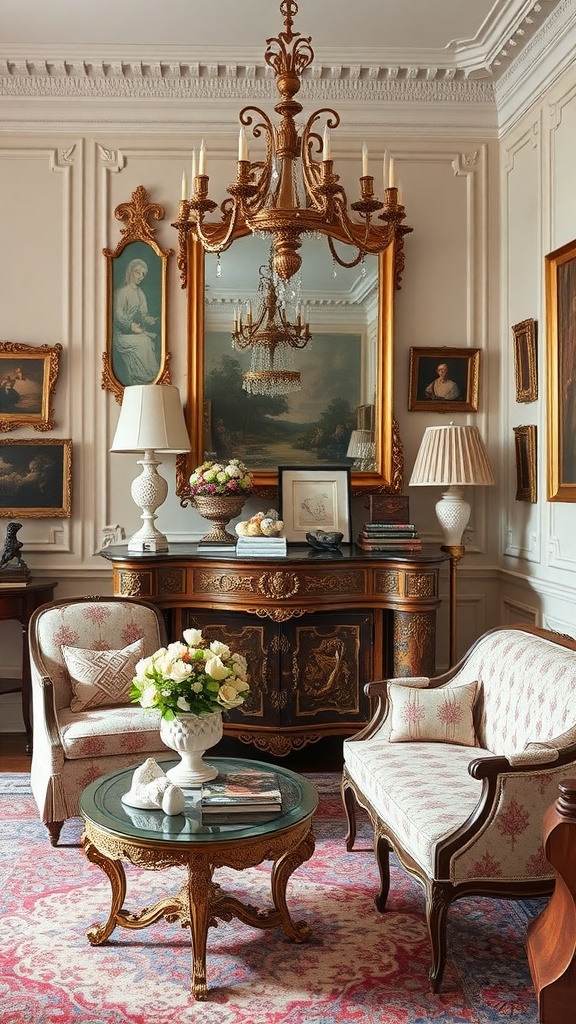 A chic vintage interior featuring a chandelier, ornate furniture, and framed artwork.