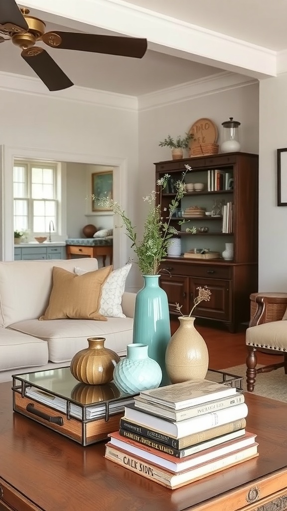 A cozy living room coffee table featuring vintage vases and stacked books.