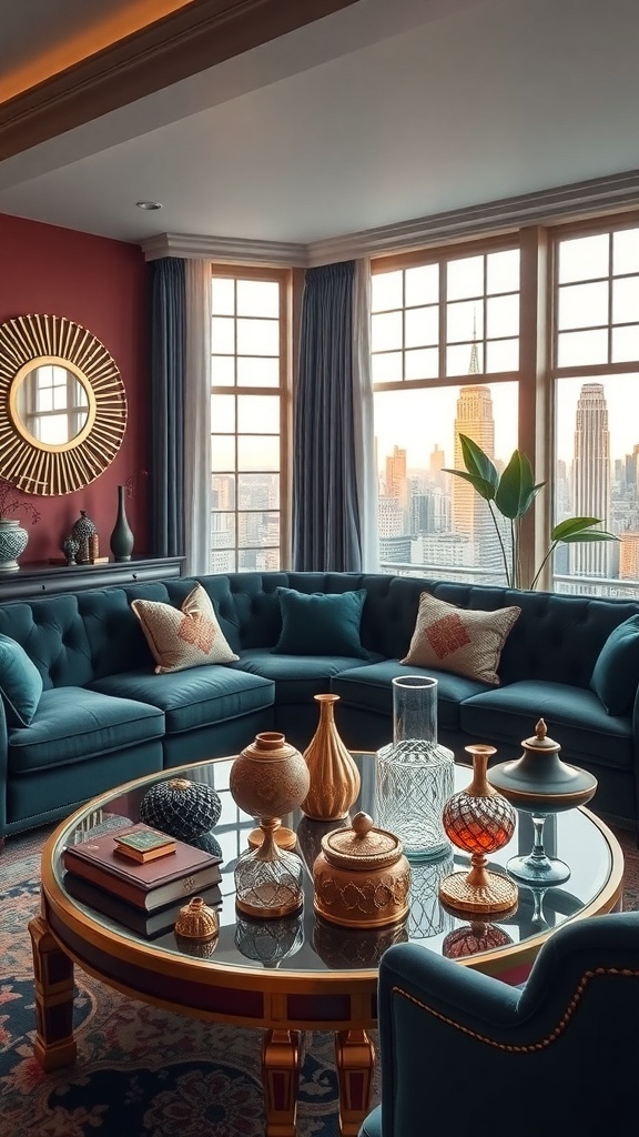 A chic vintage living room featuring a teal sofa, decorative accessories, and a city skyline view.