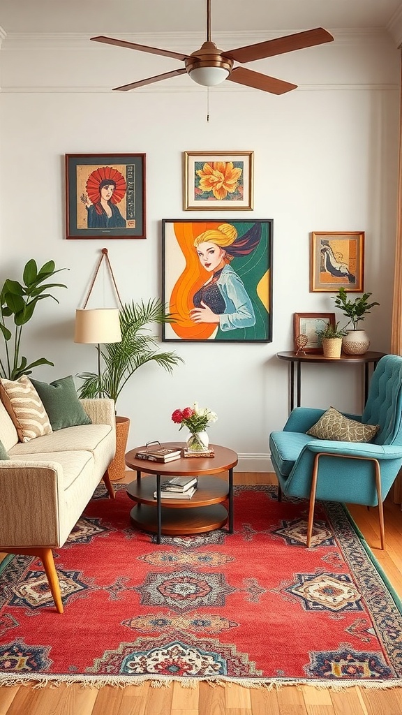 A cozy living room featuring a vintage red rug, a neutral sofa, a teal chair, and various framed artworks on the wall.