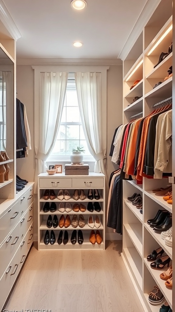 Chic walk-in closet featuring color-coded shoe organization and neatly arranged clothing.