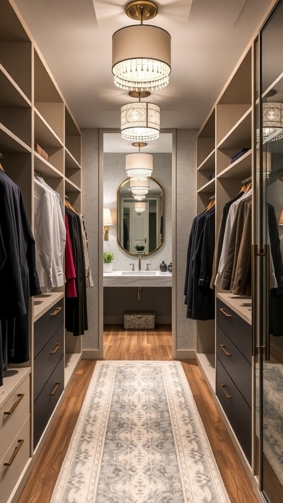 Chic walk-through closet to bathroom layout featuring statement lighting and elegant design.