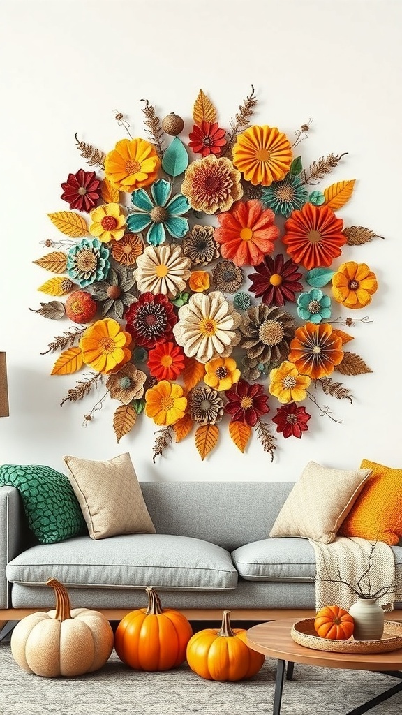 Colorful wall art made from recycled materials, featuring flowers in orange, teal, and burgundy, above a cozy couch with pumpkins.
