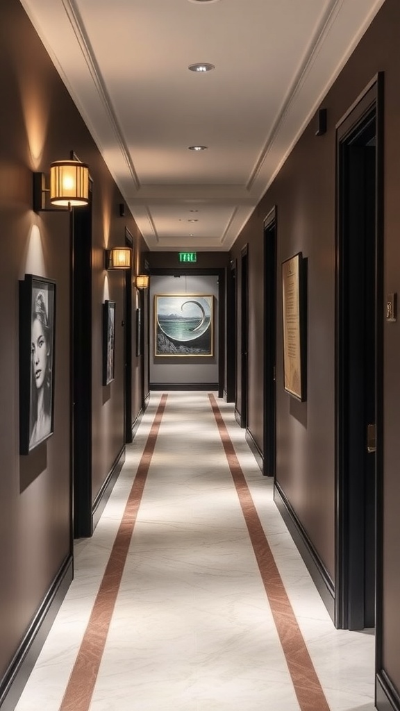 A stylish hallway with wall sconces illuminating dark walls and artwork.