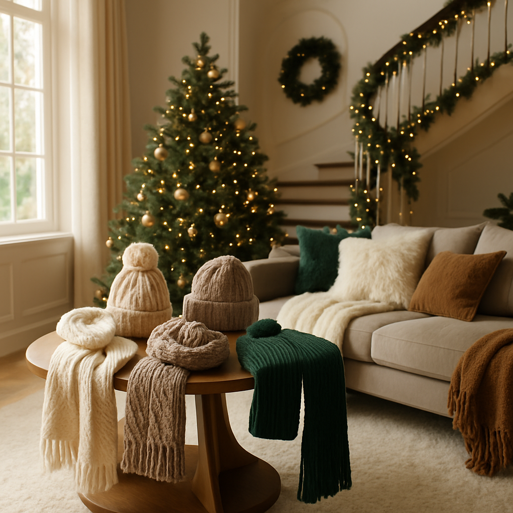 Eine Auswahl an Winteraccessoires wie Mützen und Schals auf einem Tisch, mit einem festlich geschmückten Weihnachtsbaum im Hintergrund.