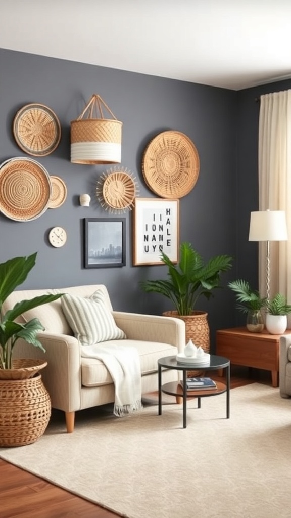 A cozy living room featuring woven baskets on the wall and floor, with plants and comfortable seating.
