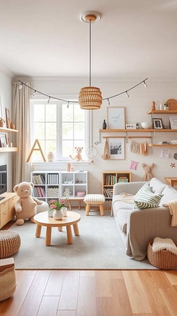 A cozy Scandinavian-style living room with child-friendly design elements.