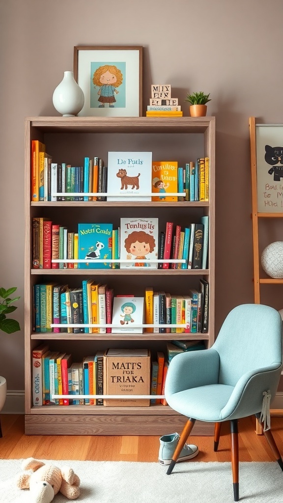 Colorful children's bookshelf filled with books and decorative items, with a cozy chair nearby.