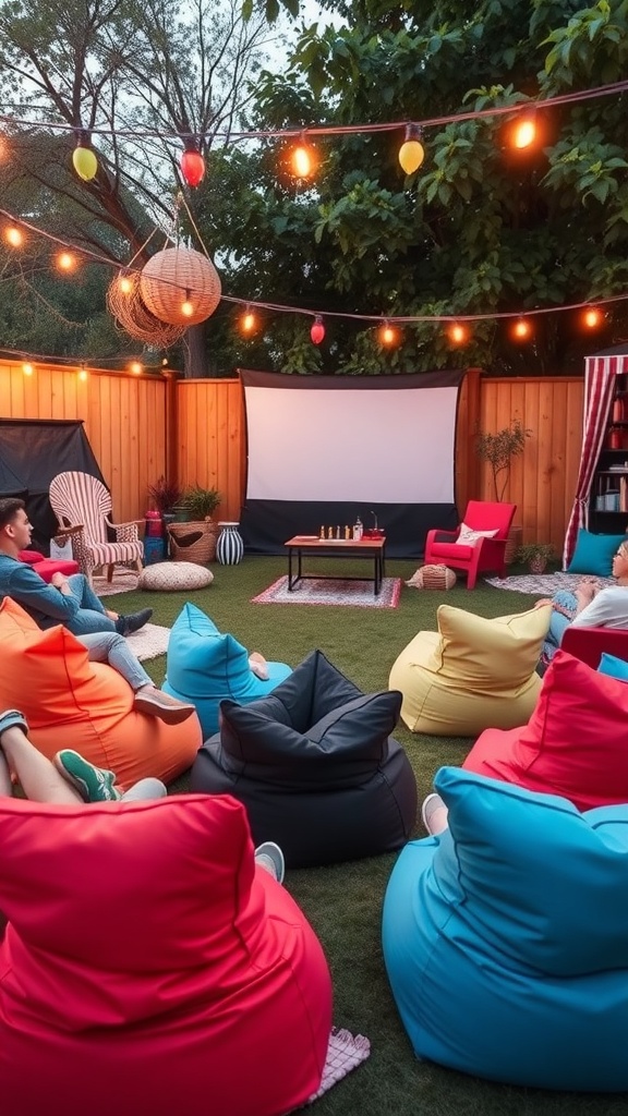 Cozy outdoor cinema setup for children with colorful bean bags, fairy lights, and a large screen.
