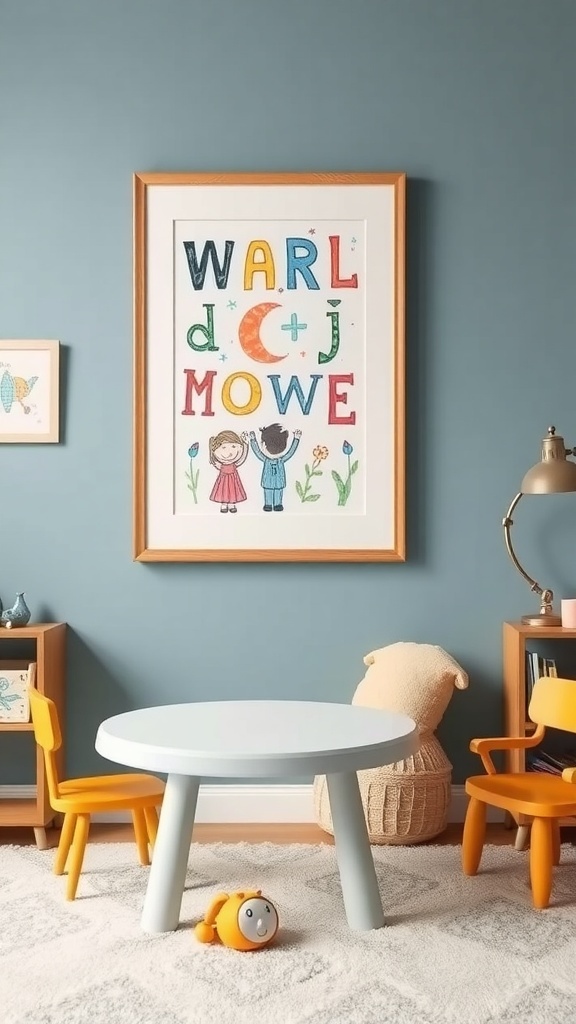 A child's colorful artwork displayed in a wooden frame on a blue wall, with a cozy room setup.