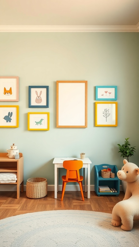 A child's room featuring a colorful gallery wall with animal prints in various frames.